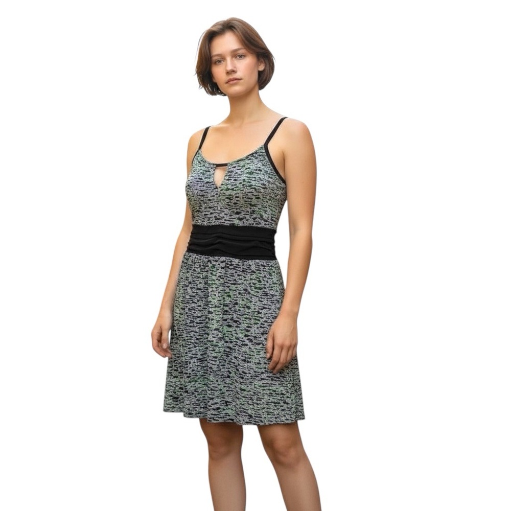 Cocomo Medium Keyhole Front Sleeveless Dress Black Green Abstract Print